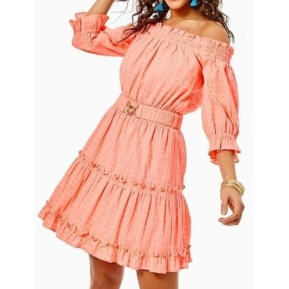 NWT Lilly Pulitzer Louisa Orange Mini Dress Size Small Off The Shoulder - Picture 1 of 12